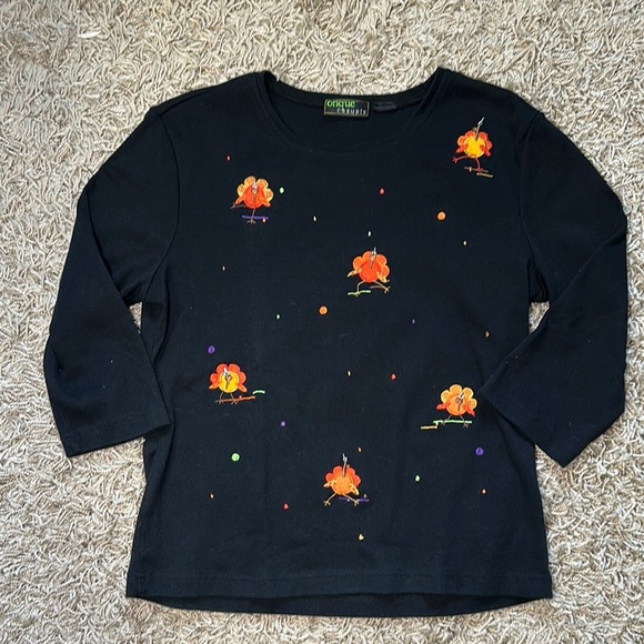 VTG Onque Casual Black Shirt with Orange Turkeys Embroidery Design Size Medium - Picture 1 of 6